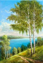 Постер березы река озеро пейзаж картина текстурная бумага